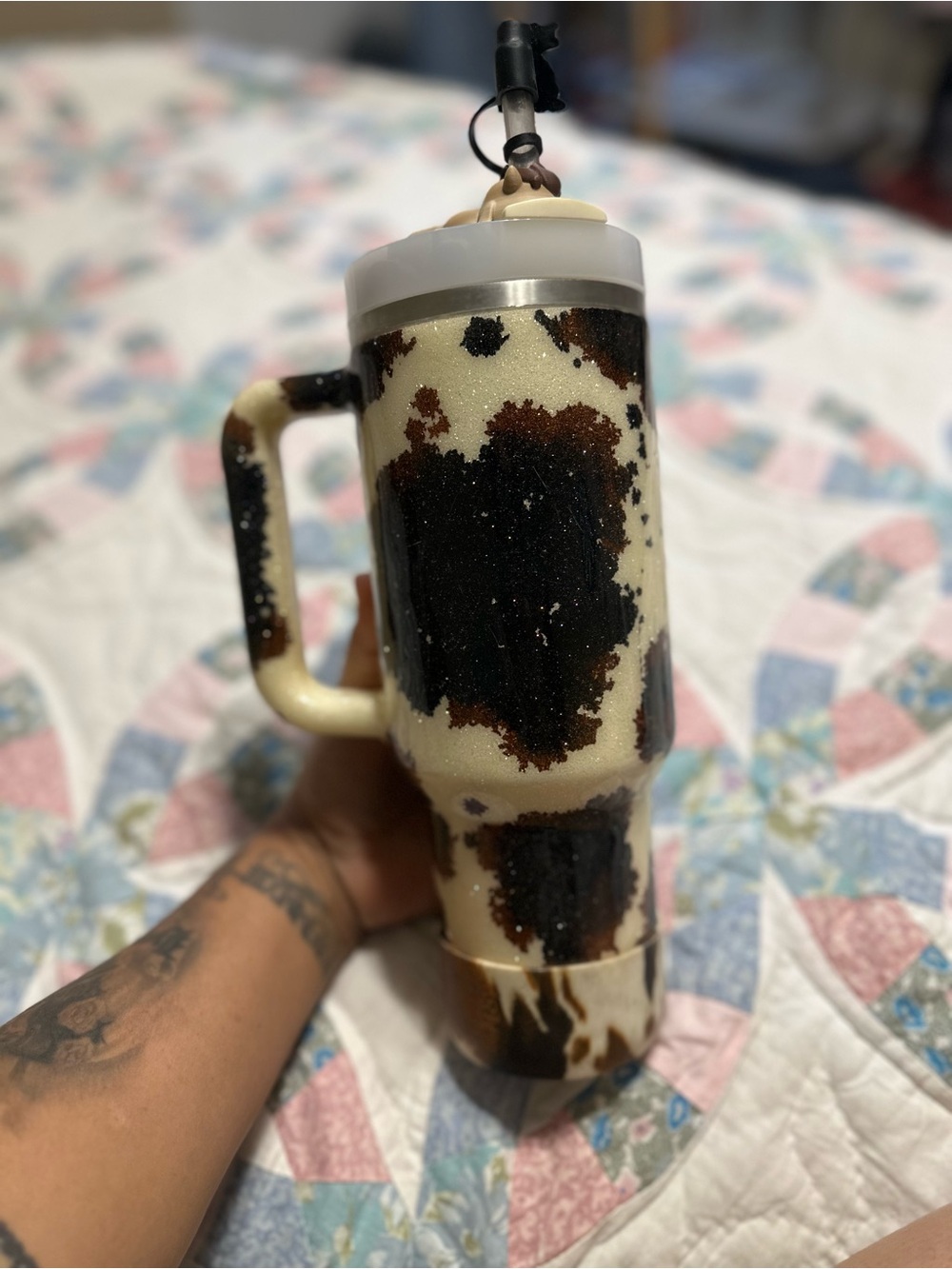 Authentic Stanley 40oz Custom Glitter Cow Print Tumbler Bundle – Mint Condition